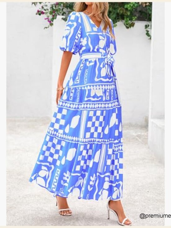 Summer Maxi Dress Boho Floral V Neck Puff Sleeve Ruffle Beach Resort - Picture 4 of 7